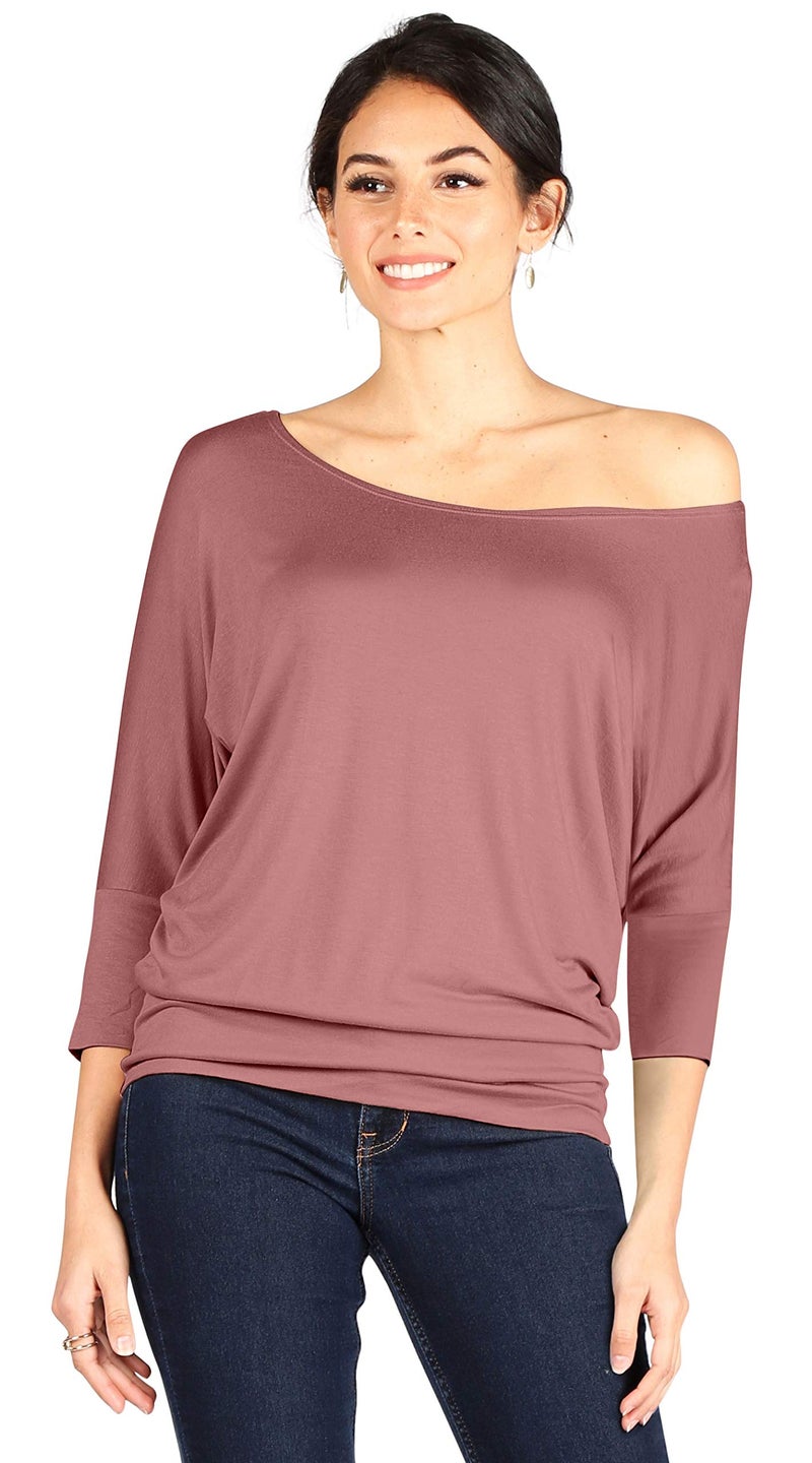 Simlu Dolman Tops for Women Off The Shoulder Tops Banded Waistband Shirts 3/4 Sleeves Regular and Plus Size Tops (Size Medium, Mauve) - Image 2